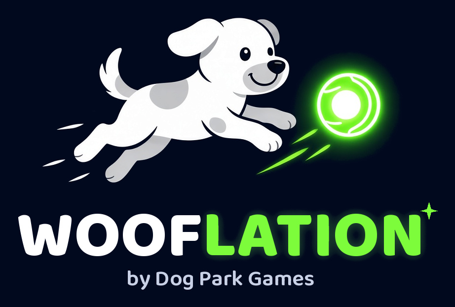 Wooflation by Dog Park Games logo: Arlo, a white puppy, leaping after a glowing green ball